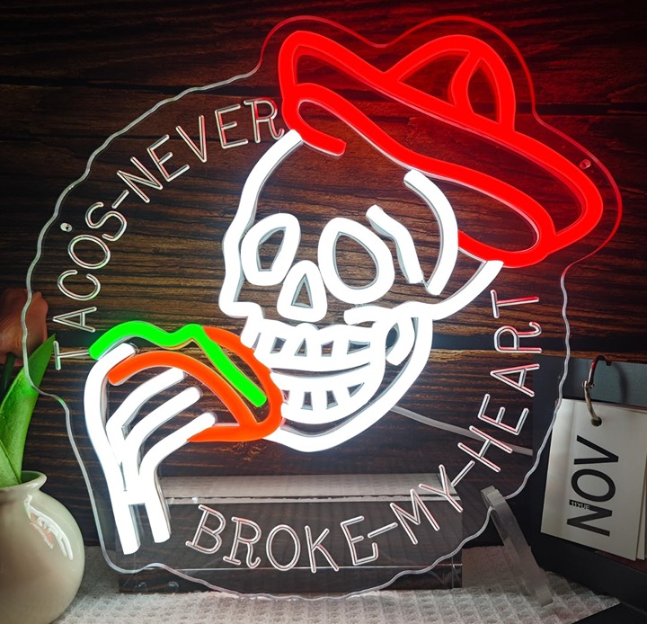 Fun Bright “Tacos Never Broke My Heart” LED Night Light Room Wall Decoration