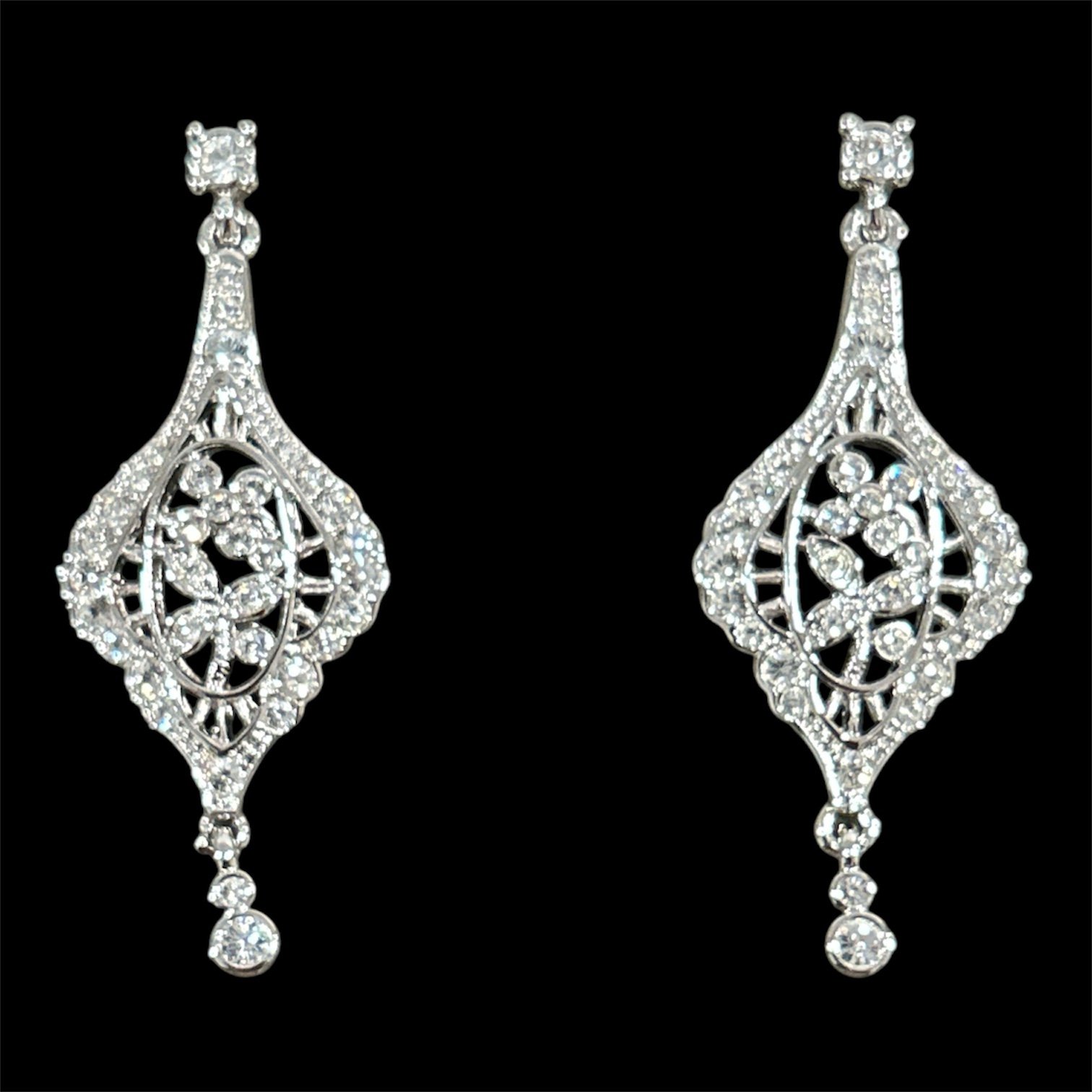 Vintage Nolan Miller Julia Flower Crystal Drop Dangle Pierced Earrings