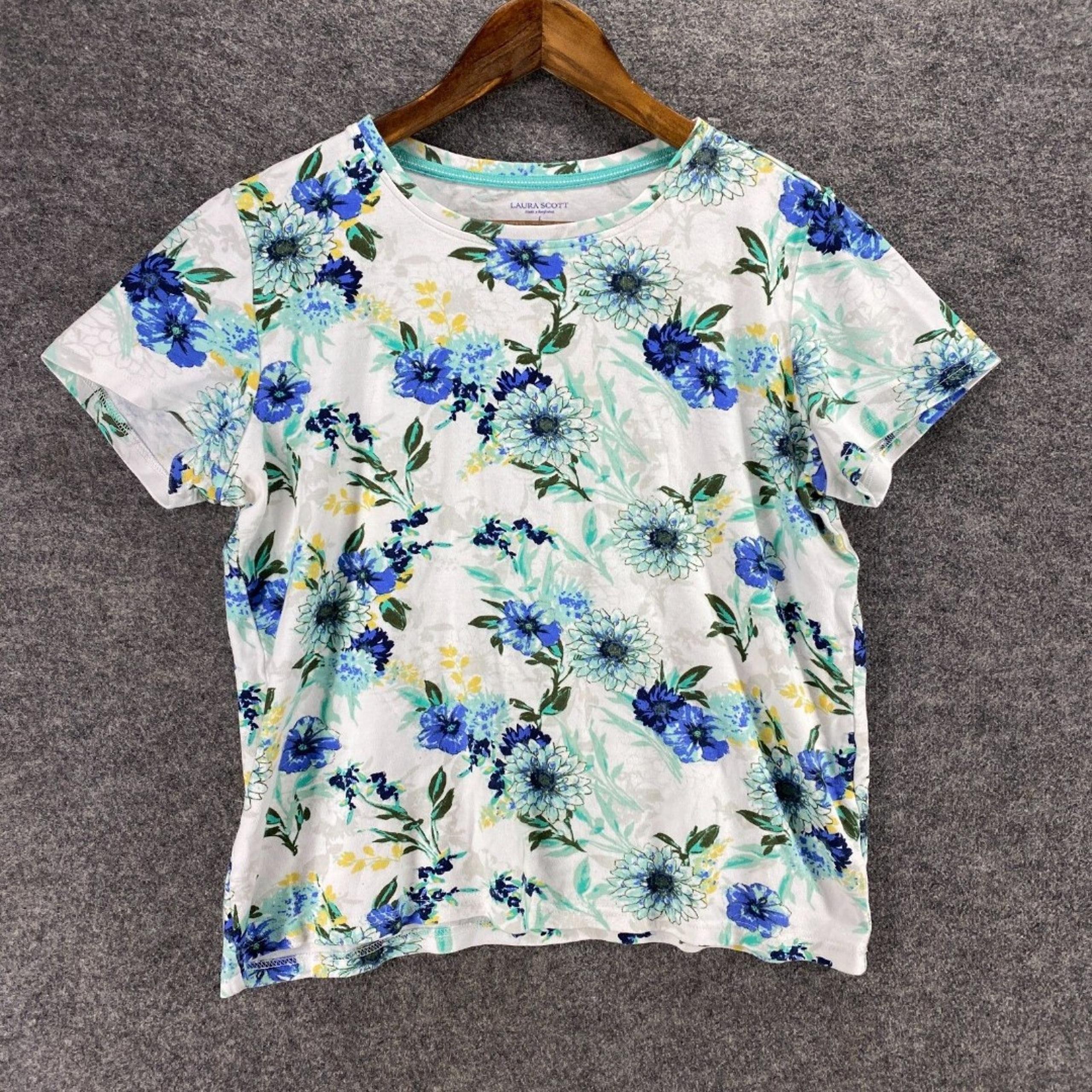Laura Scott T-Shirt Women L Large White Floral Crew Neck Short Sleeve Cotton