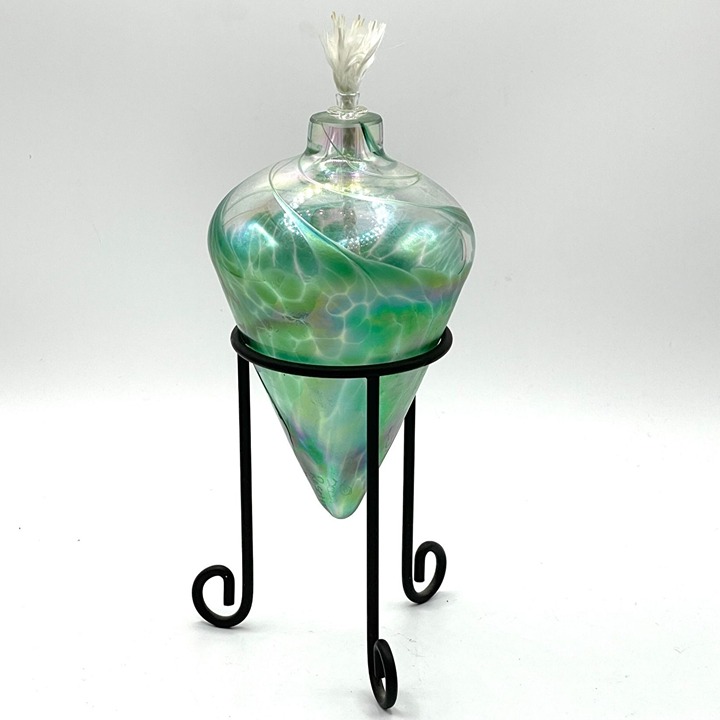 Rosetree Studio Hand Blown Art Glass Green Iridescent Pointed Oil Candle w/Stand