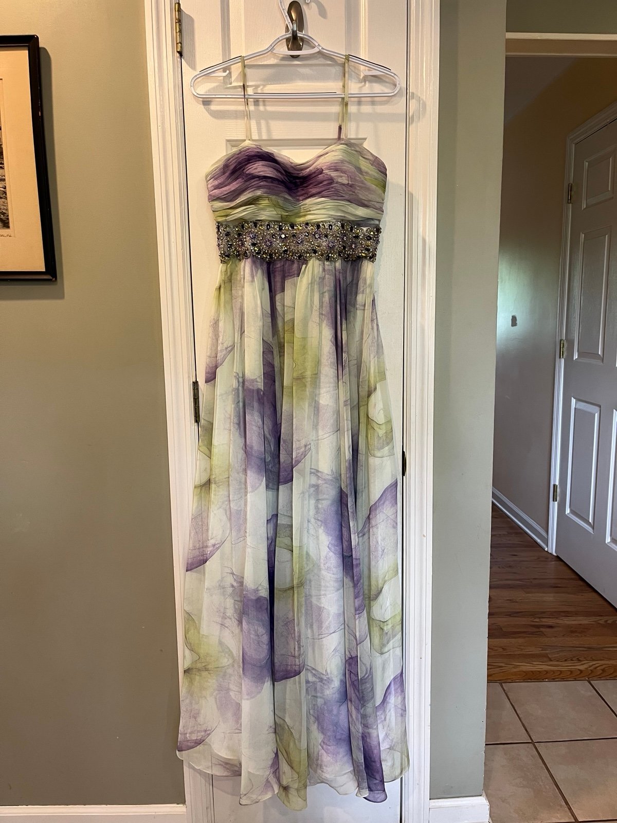 Camille La Vie Purple & Green Bead Embellished Built in bra Formal Gown