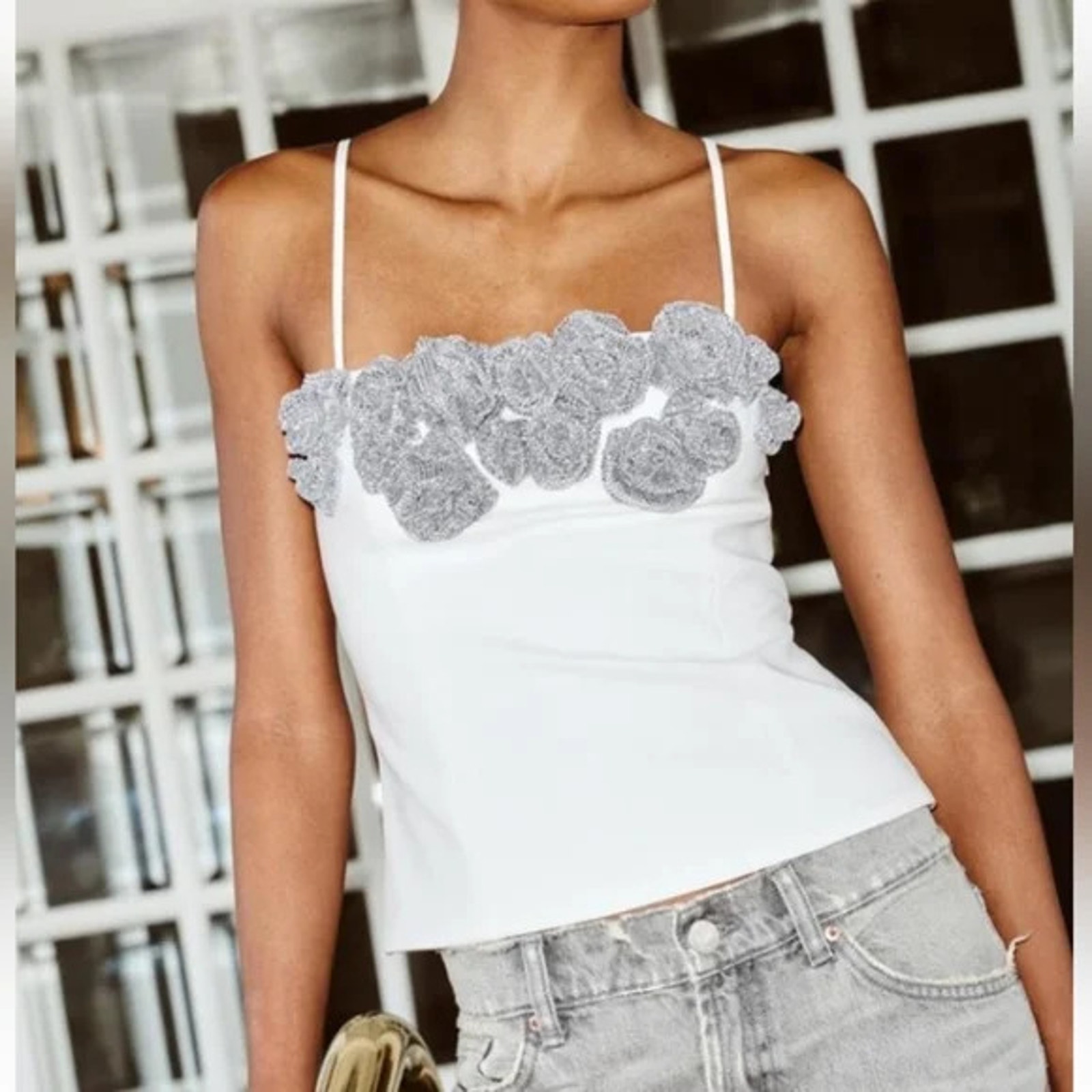 New ZARA White Floral Jewel Camisole Corset Top Women M