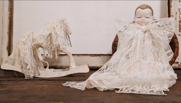 Sweet Vintage Porcelain Doll with Lacey Bow