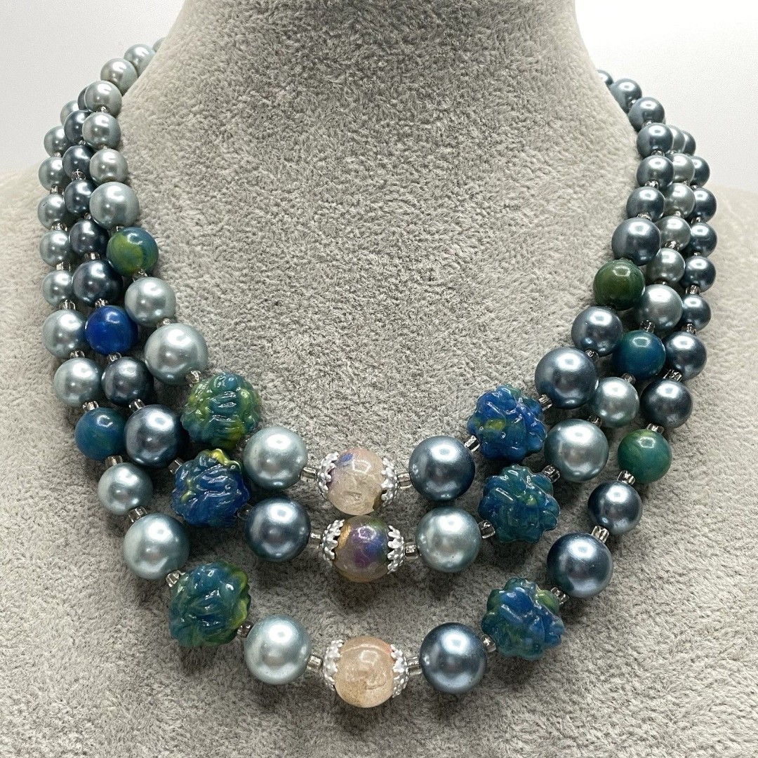 Vintage Japan Stunning Blue Beaded Triple Strand Necklace Statement Classic