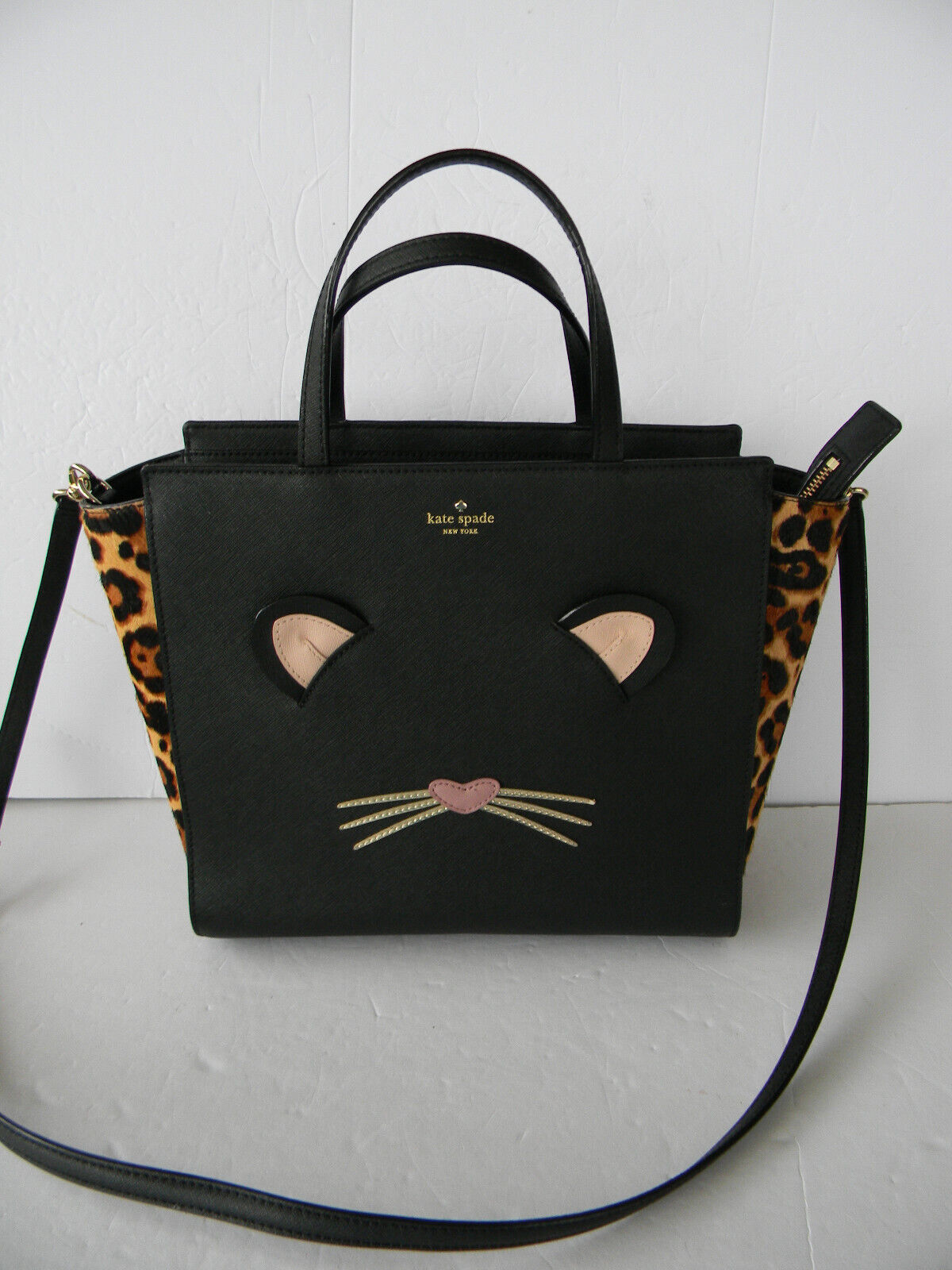 Kate Spade Leopard Hayden Run Wild Black LEATHER Satchel/CROSSB ODY Purse Cat