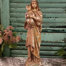 Antique Shabby Peely Ornate Mother & Child Statue Gold & Green