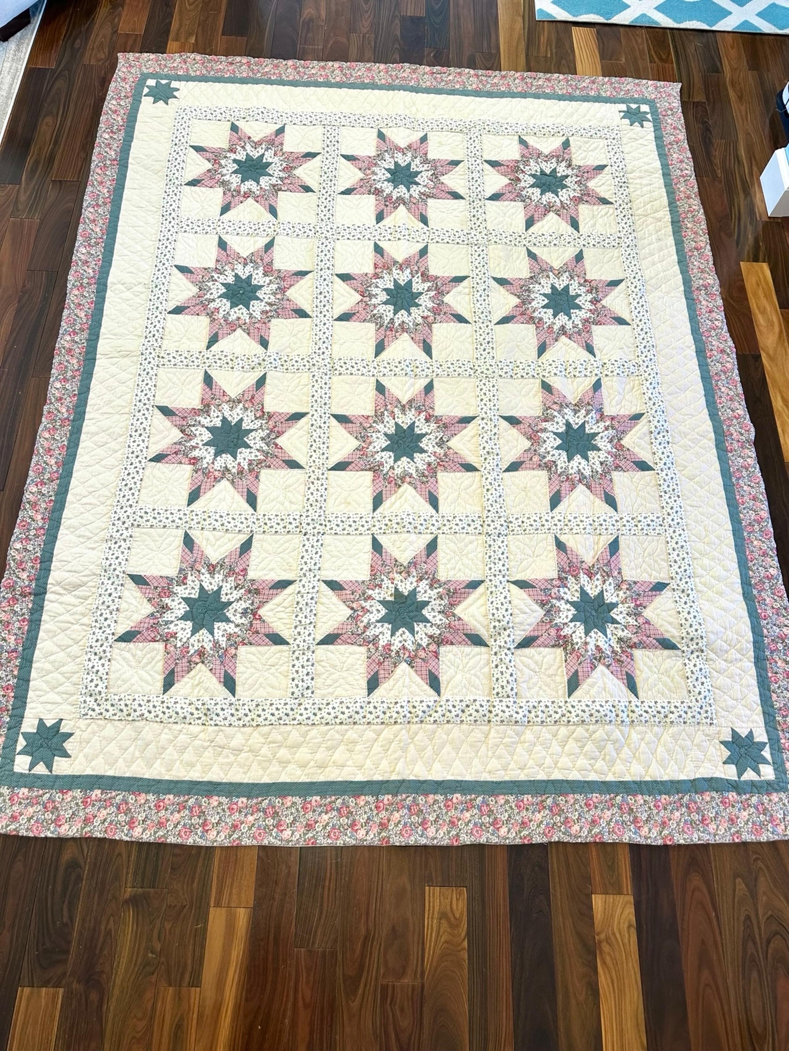 Antique Handmade Patchwork 8 Point Star Handstitched Quilt Pink Blue Floursack?