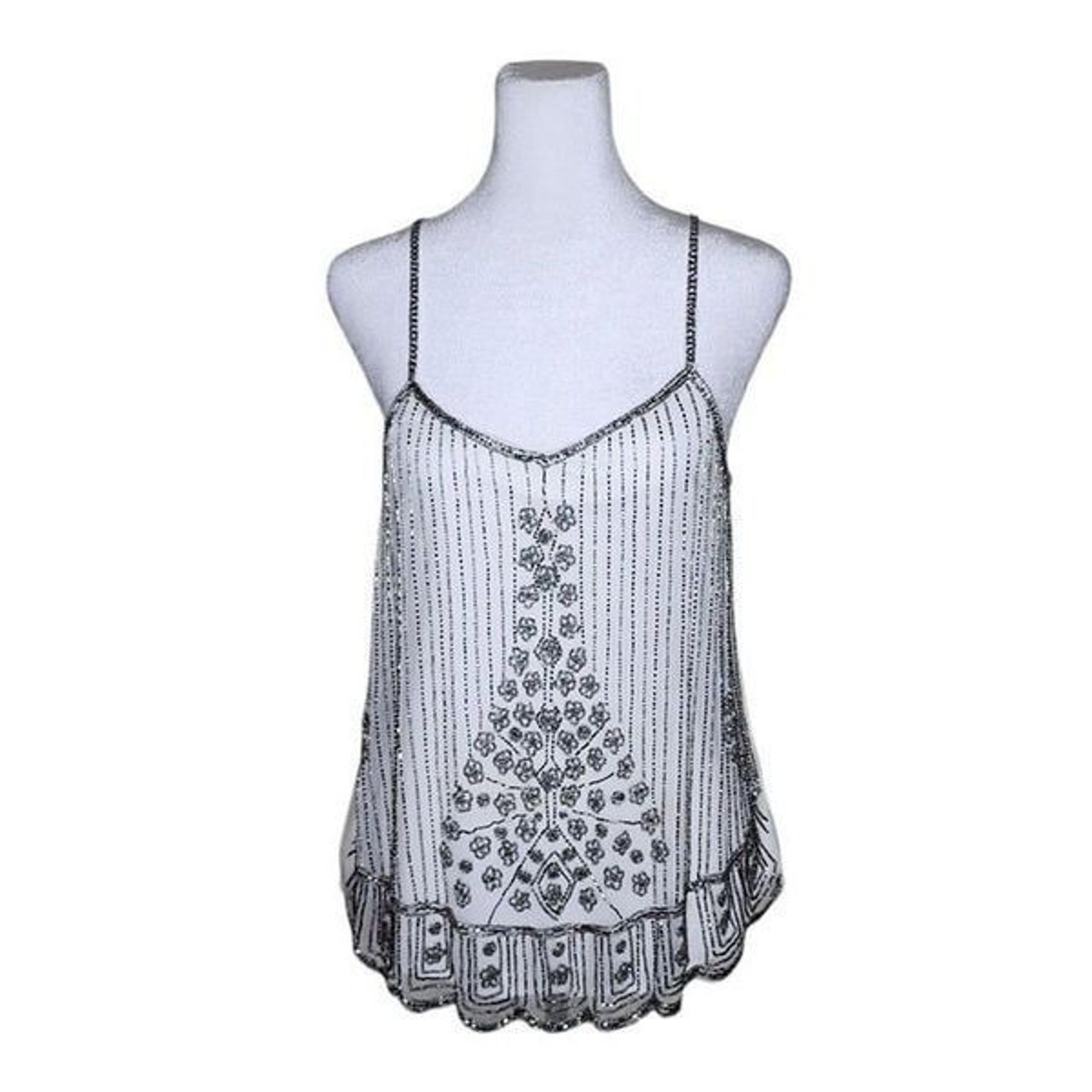 Saks Fifth Avenue Beaded Mesh Tank Top Camisole Womens L White Deco Glam