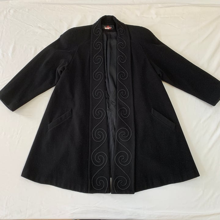 Vintage Alorna Wool Coat Womens Black Open Overcoat Made in USA Pockets VTG