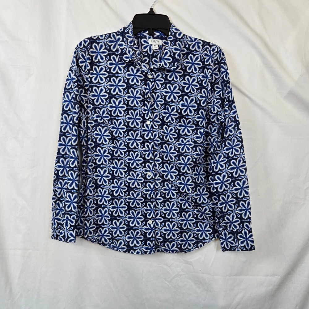 J Crew Womens Blue White Floral Signature Fit Long Sleeve Poplin Shirt Large LP
