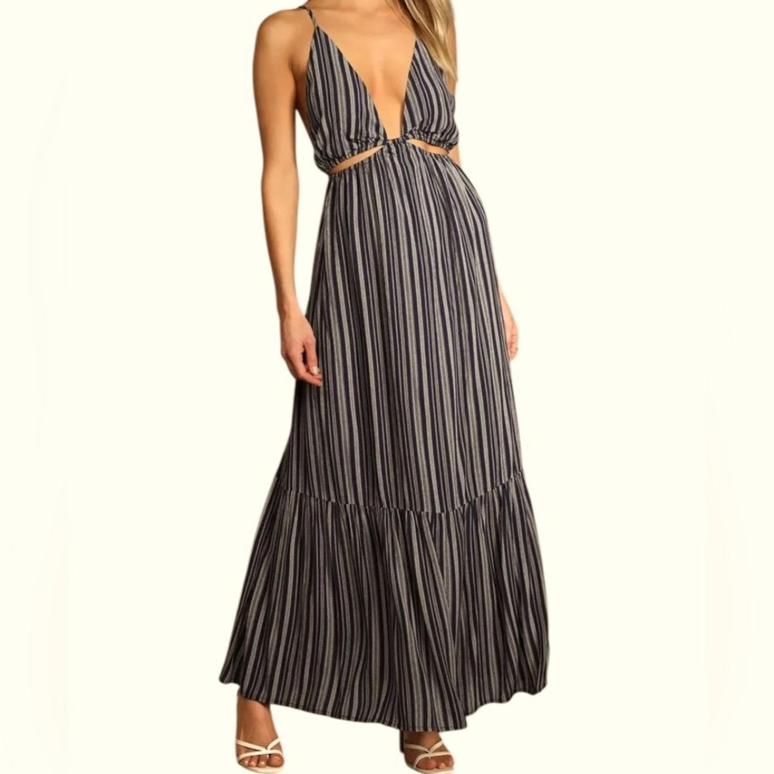 LuLus Breathtaking Navy Blue Striped Cutout Maxi Dress boho Cottagecore sz small