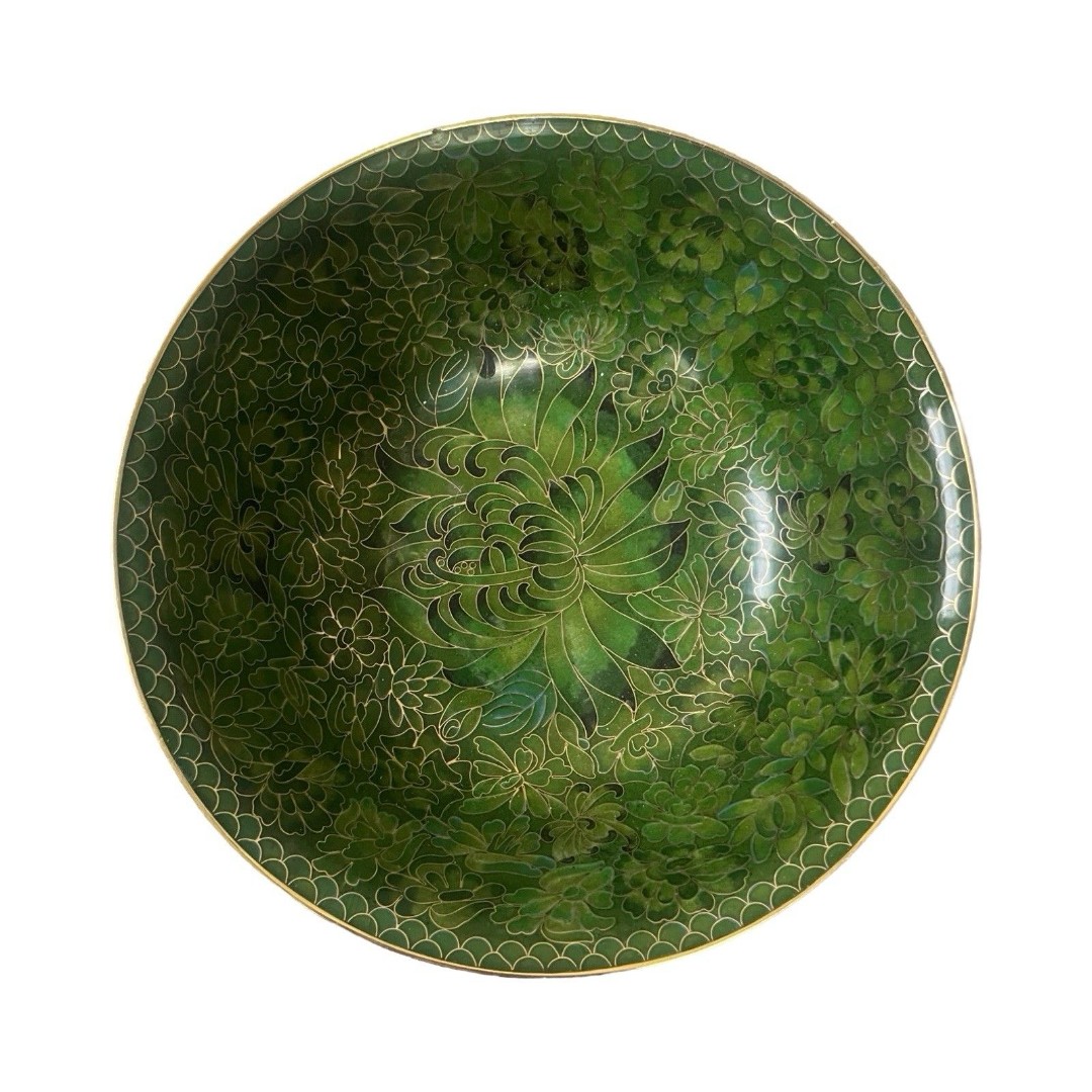 Vintage Cloisonne Style Bowl Enamel Brass Green Floral Bowl 8” x 3”