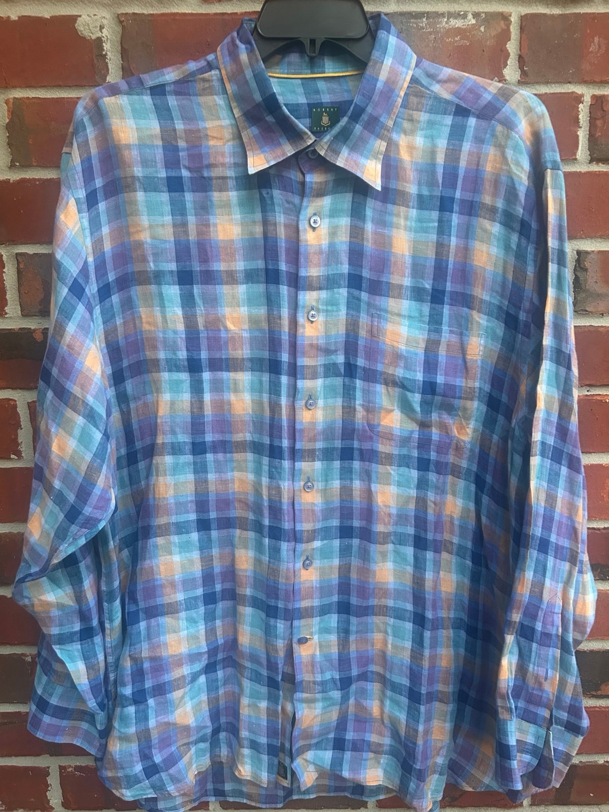 ROBERT TALBOTT MENS XXL 100% Linen Multicolored Plaid Long Sleeve Shirt Z12