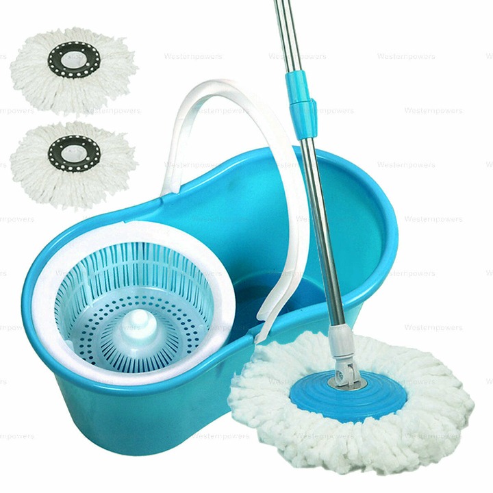 Easy Spin Dry Floor Mop Bucket 360° Rotating Head + 2x Head Microfiber Spinning