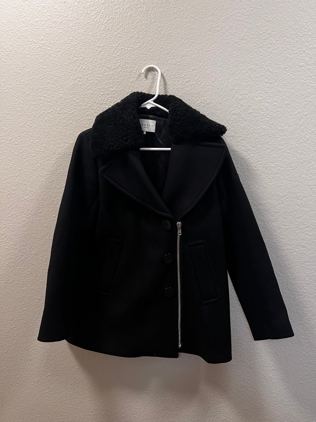 Sandro Wool Blend Peacoat Detachable Pointed Collar Black Size 36 XS