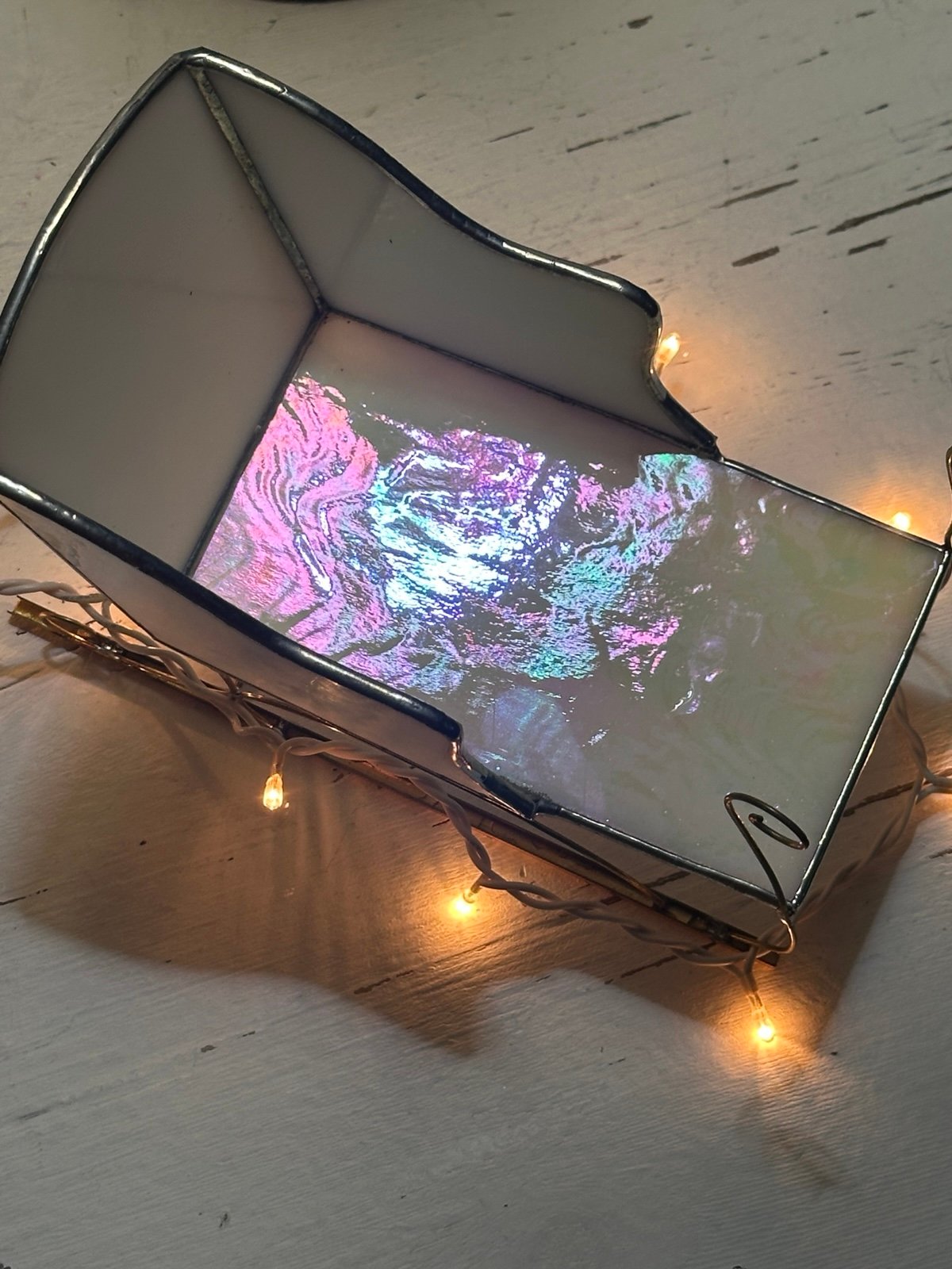 Handcrafted Vintage Iridescent Stain Glass Christmas Sleigh