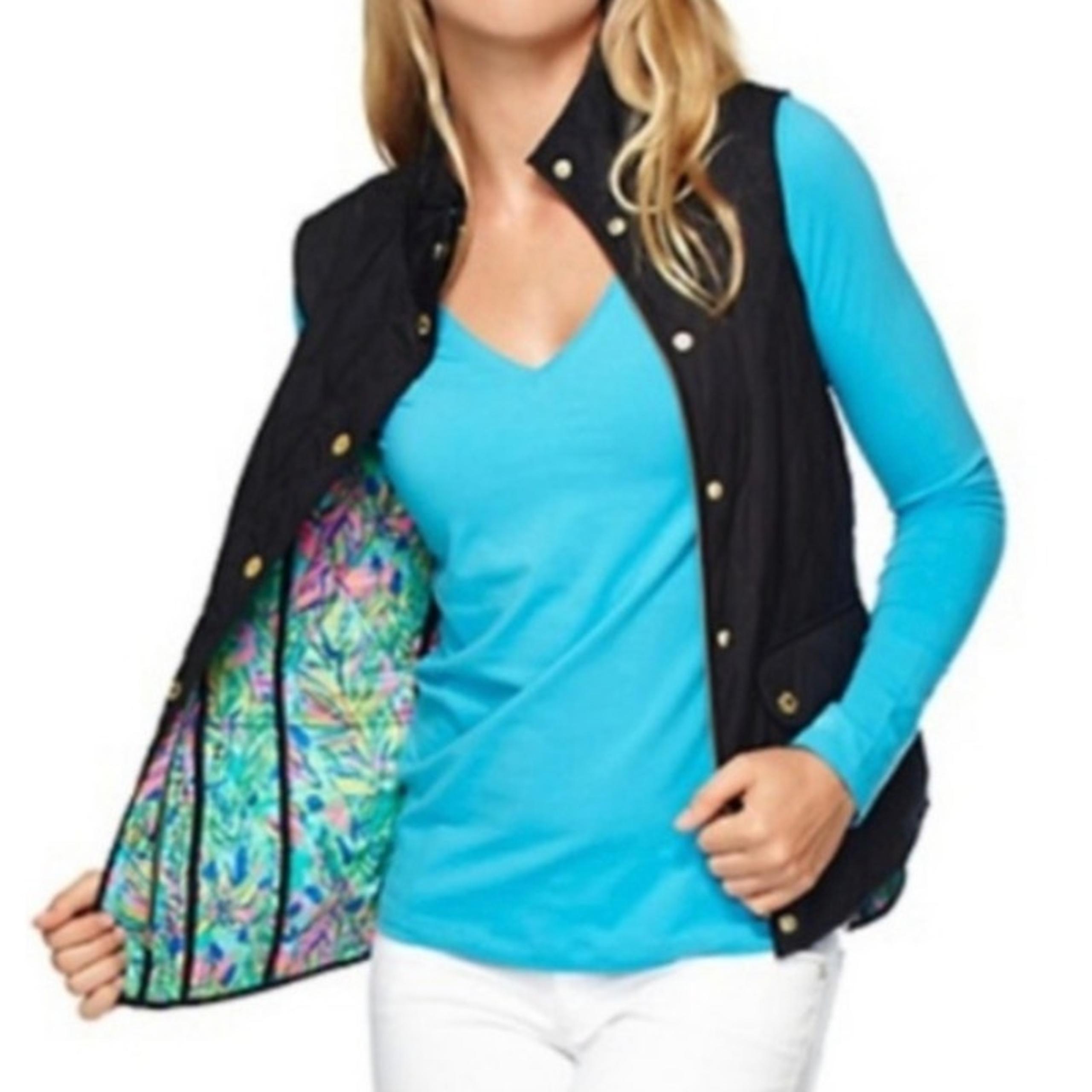 Lilly Pulitzer Quilted Black Getaway Vest Hot Spot Print Lining Women's Medium