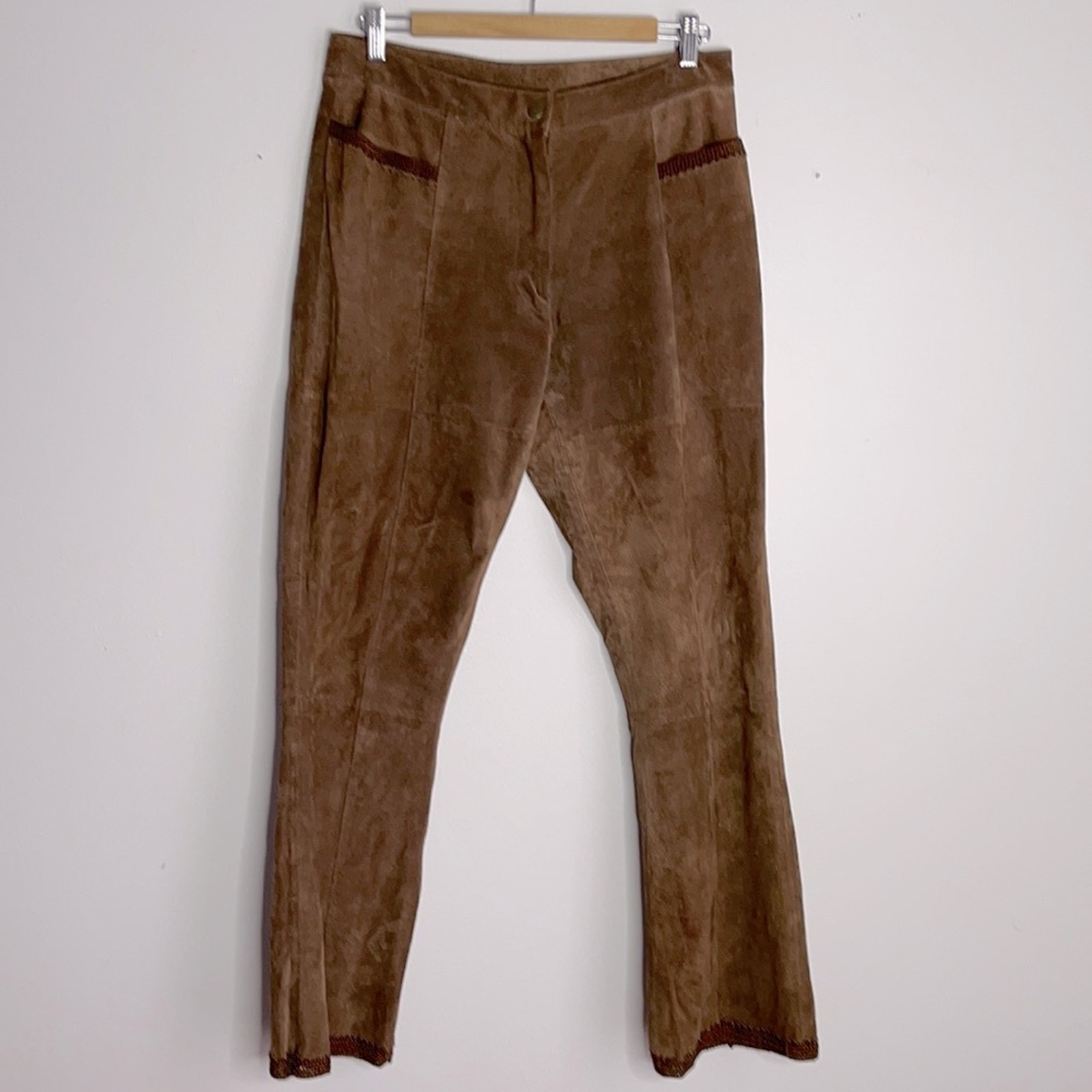 Vintage 90’s boho festival crochet hem hi rise leather flare pants sz 10