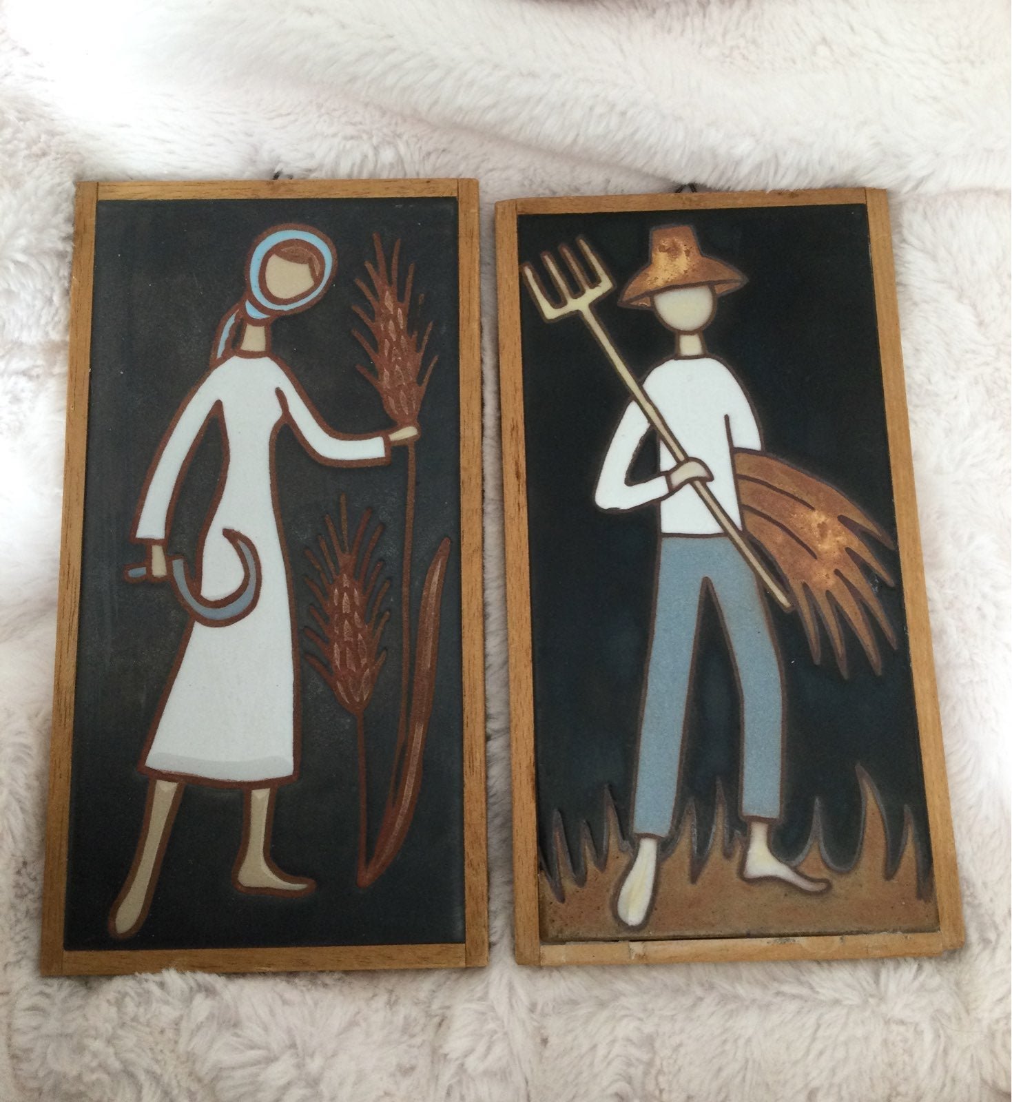 Greek art pottery tiles by E. Mixandou midcentury pair
