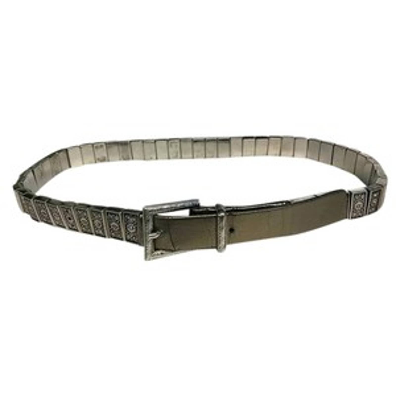 Suzi Roher Canada Elastic Embossed Block Silver tone Belt L