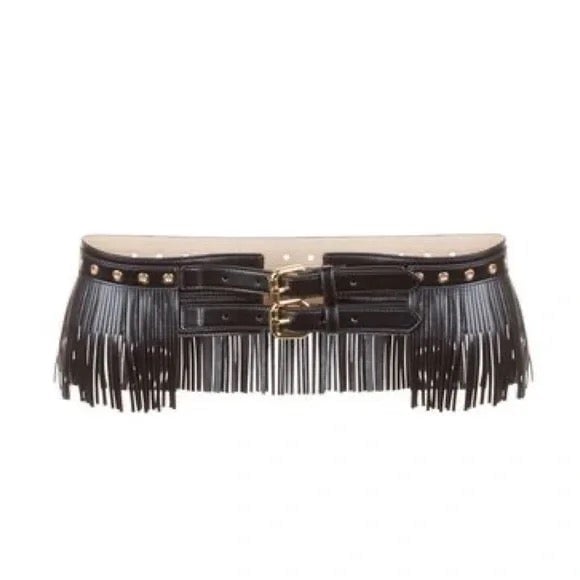 BCBGMAXAZRIA Black Fringe Leather Waist Belt