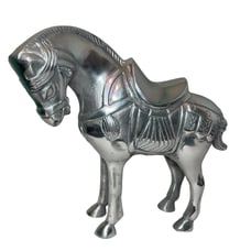 Horse Figure Statue Silver Chinese Tang War Horse Cast Metal 15” x 6” x 10.5”