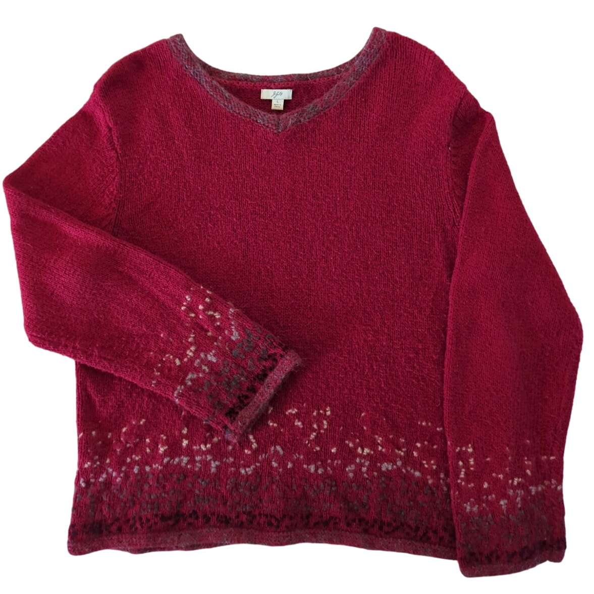 J.Jill Red Gray Black Lambswool Angora Linen Nordic Chunky Sweater Women' Size L