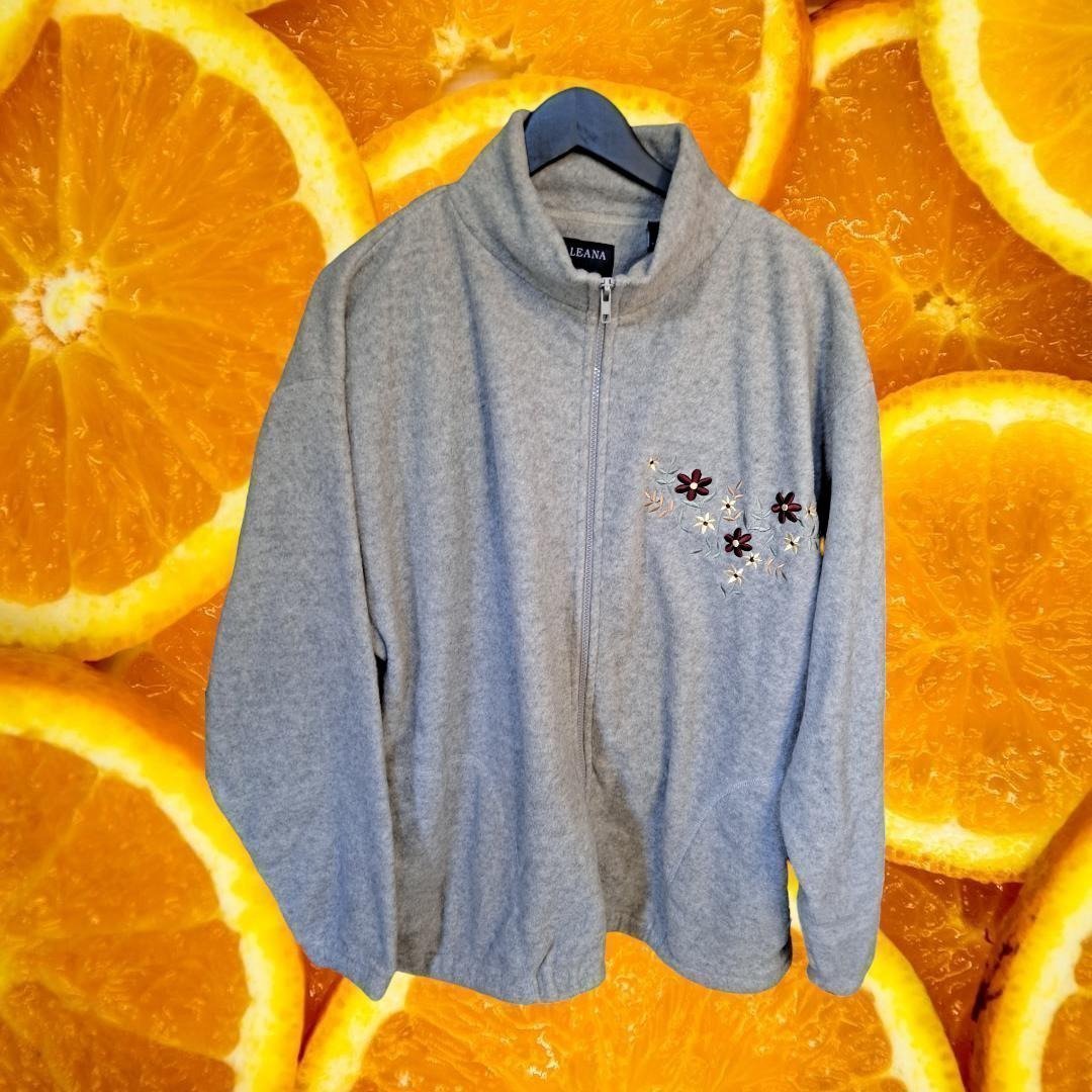 ILeana Full Zipper Embroidered Floral Design Gray Fleece Size XL