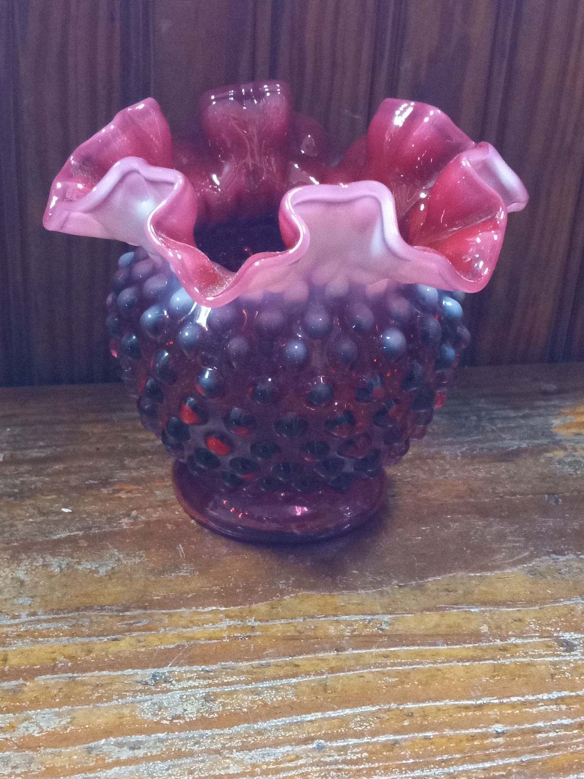 Fenton cranberry and opalescent ruffled hobnail Vape