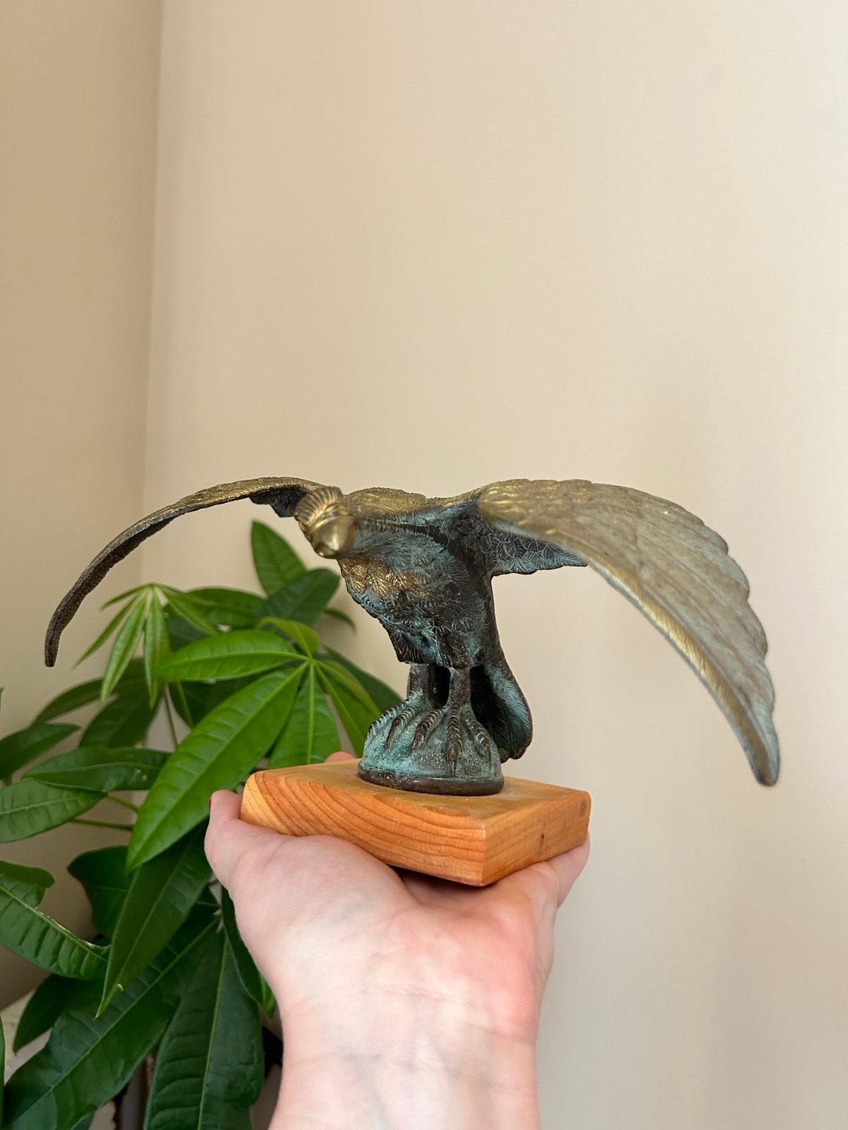Vintage Brass Eagle Sculpture On Wooden Base