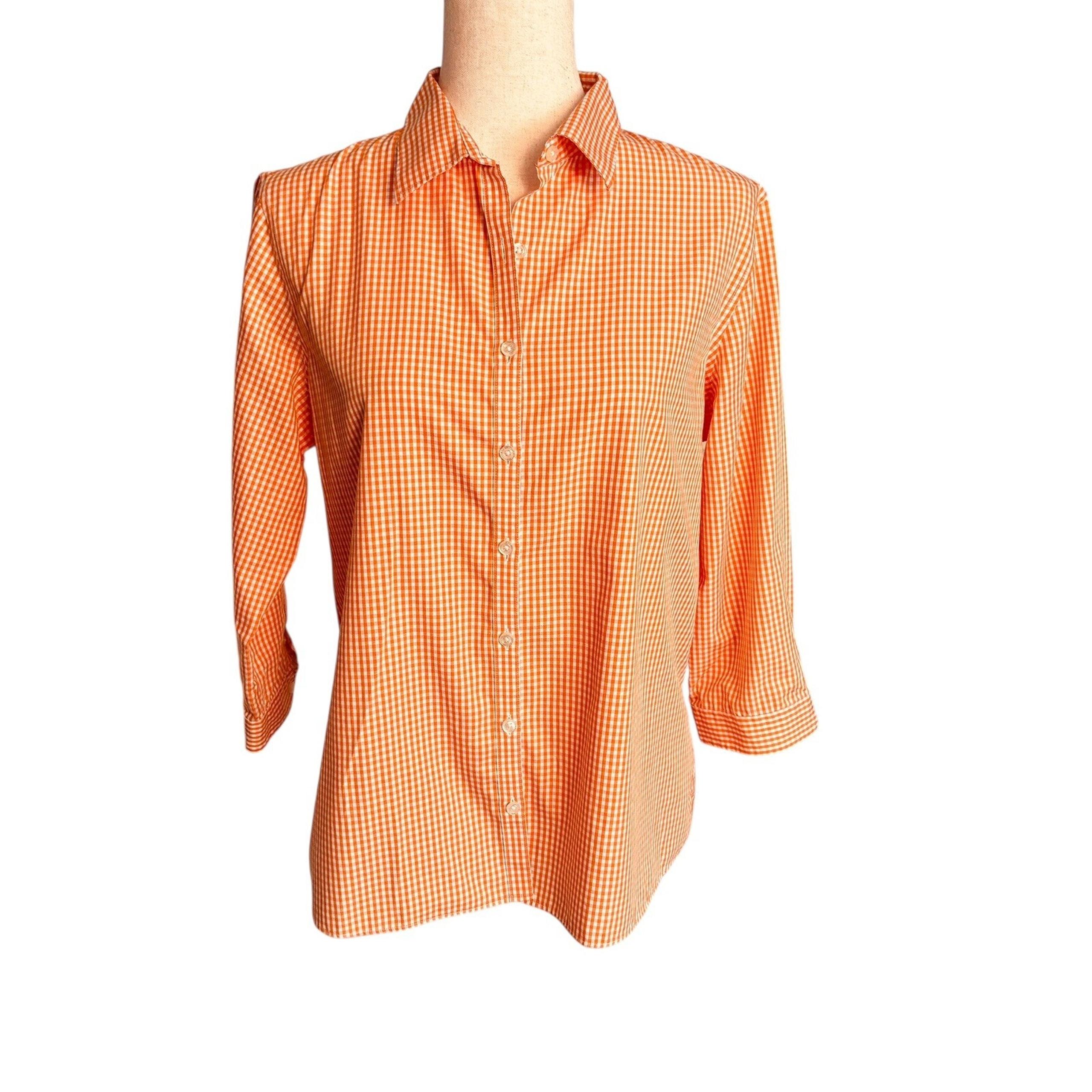Lands End Women’s Size 12 Orange White Check Cotton Button Front