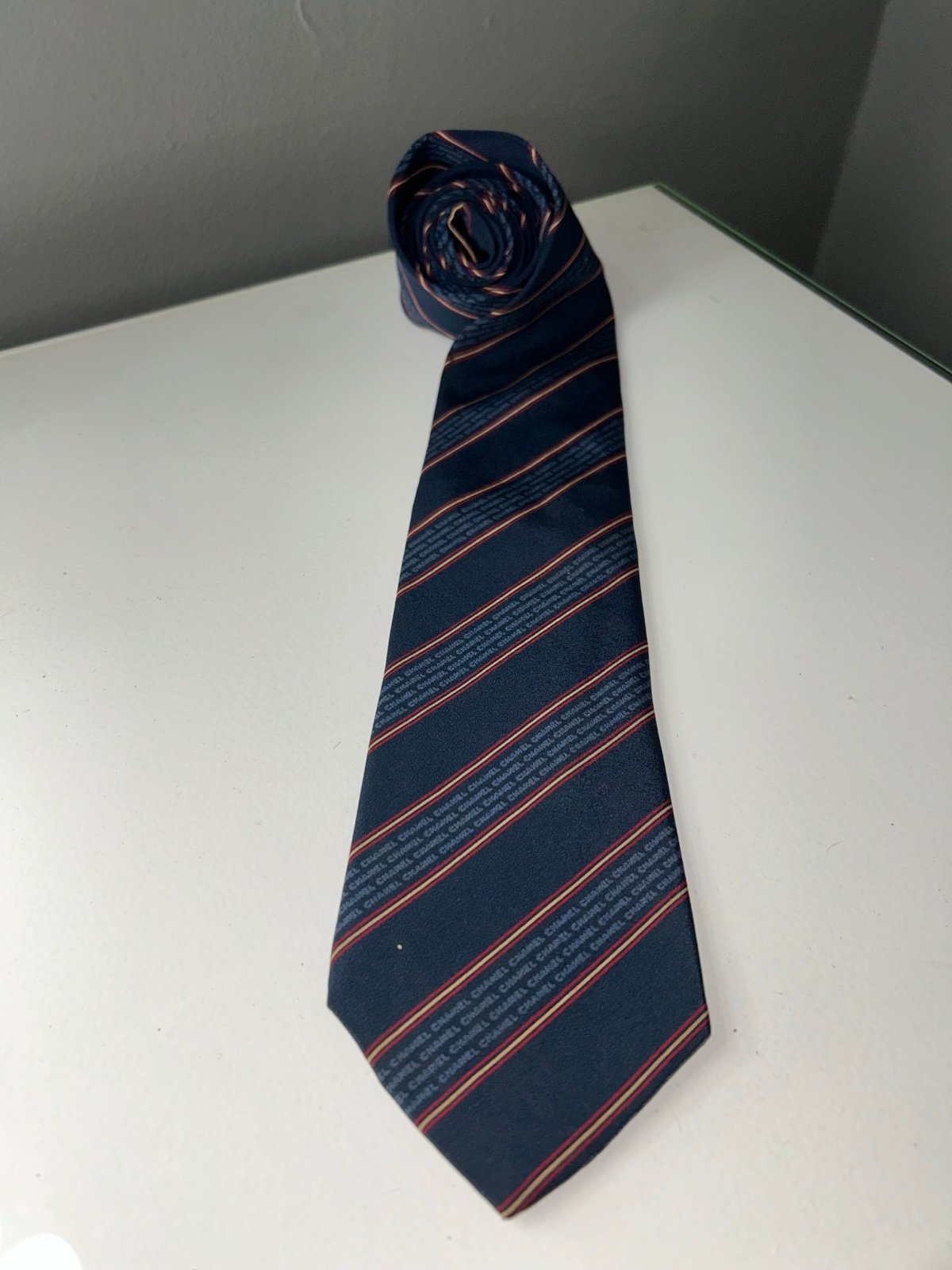 Chanel Navy Blue & Red Striped Men's Silk Neck Tie