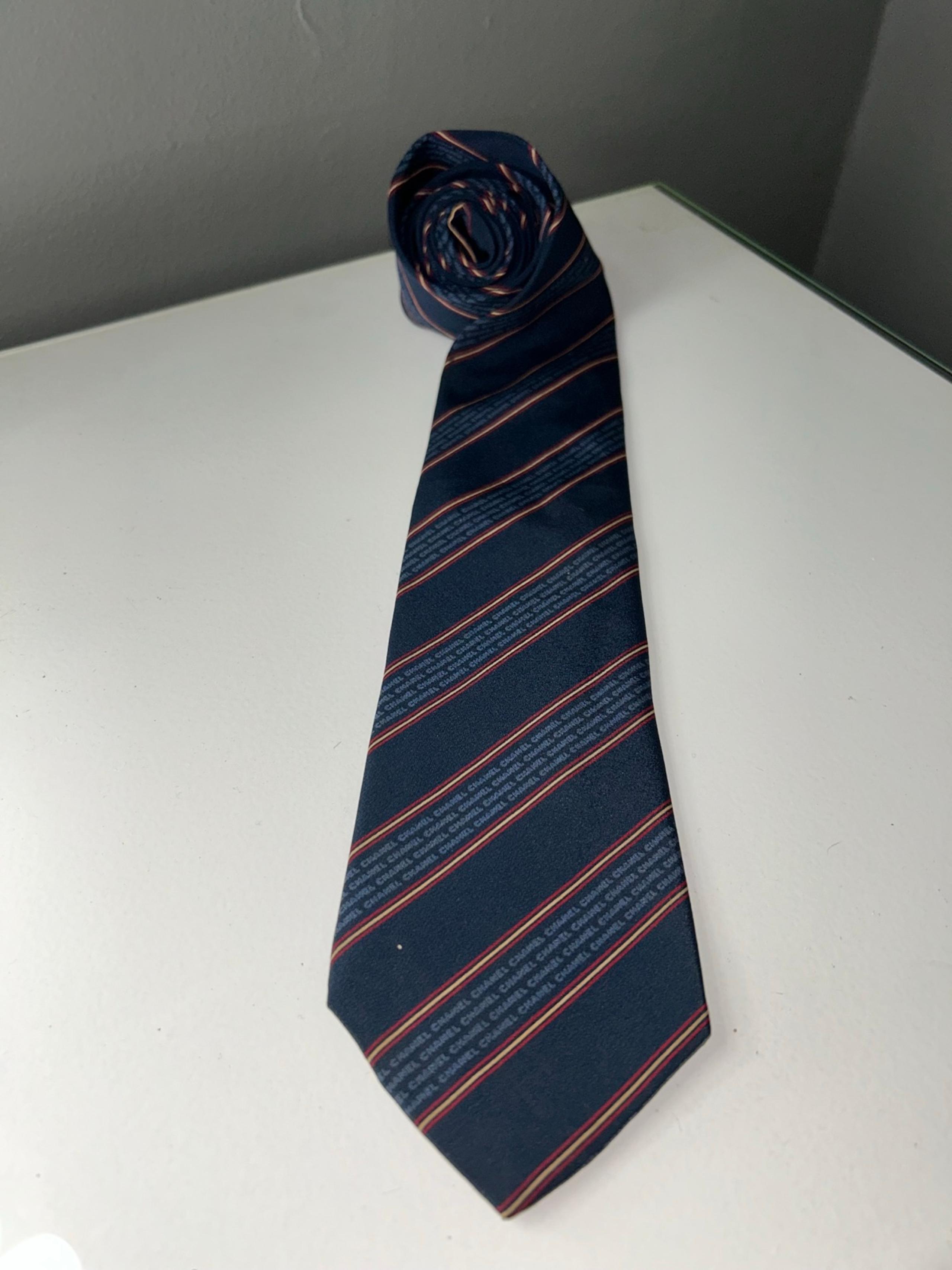 Chanel Navy Blue & Red Striped Men's Silk Neck Tie
