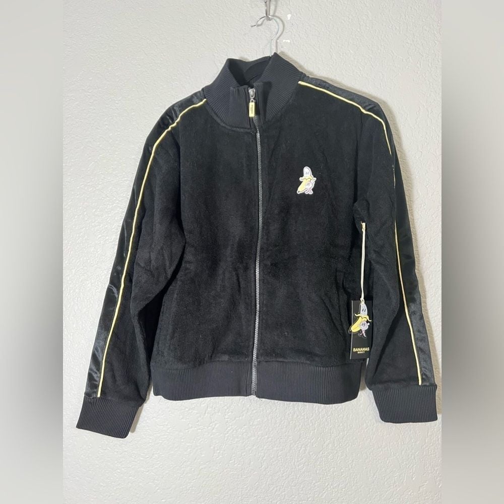 Bananas Monkey Zip up track jacket Black Yellow Terry Cloth 100% cotton small
