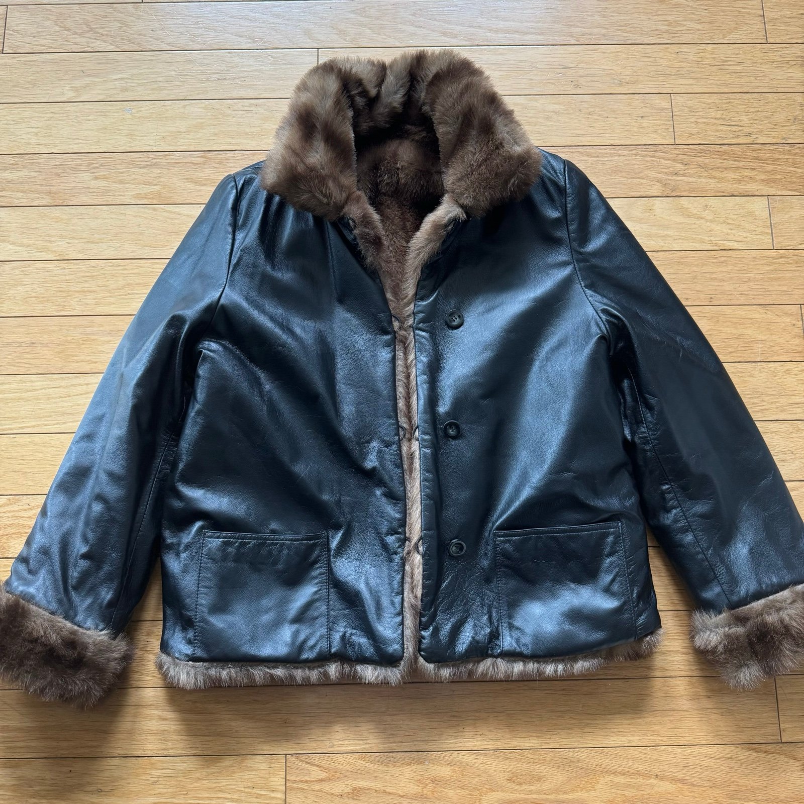Vintage leather and faux fur trim jacket- reversible