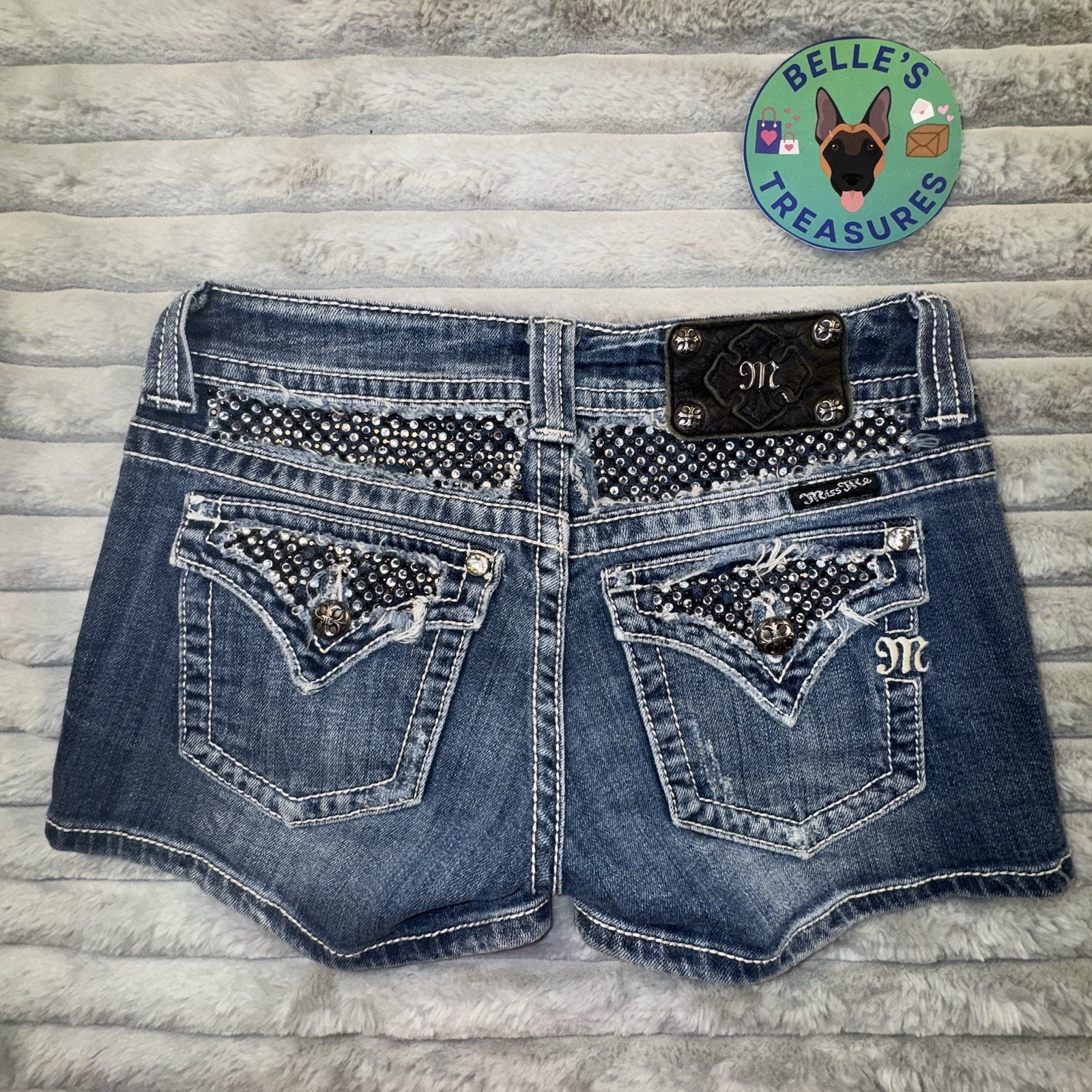 MISS ME Shorts 27 Rhinestones Designer Bling Y2K Flap Pocket 108 Black&white