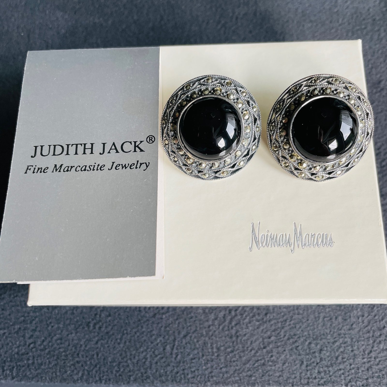 Vintage Judith Jack Onyx Marcasite Sterling Silver French Clip On Earrings