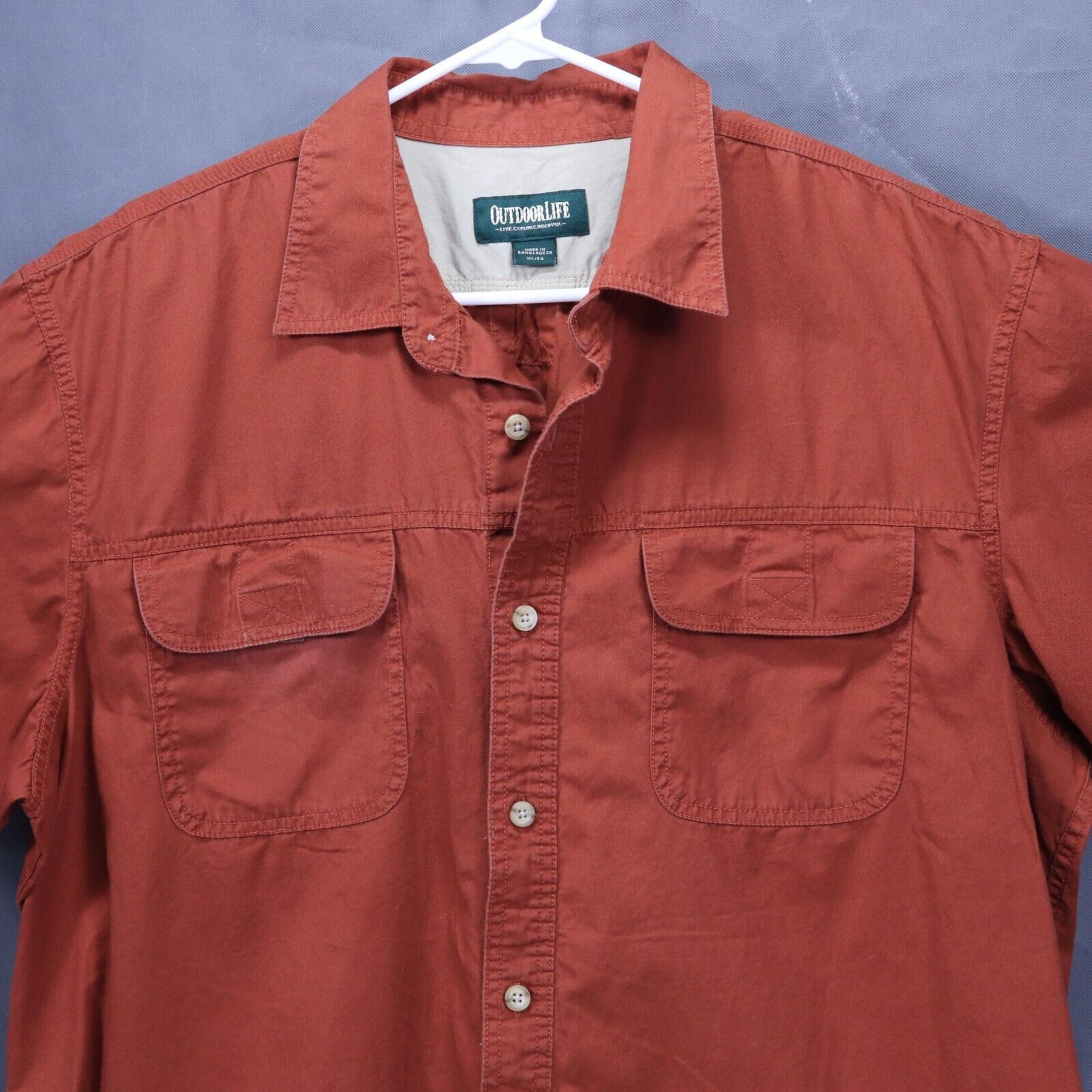 Outdoor Life Shirt Button Up Burnt Orange Short Sleeve Hiking Men Large measured
