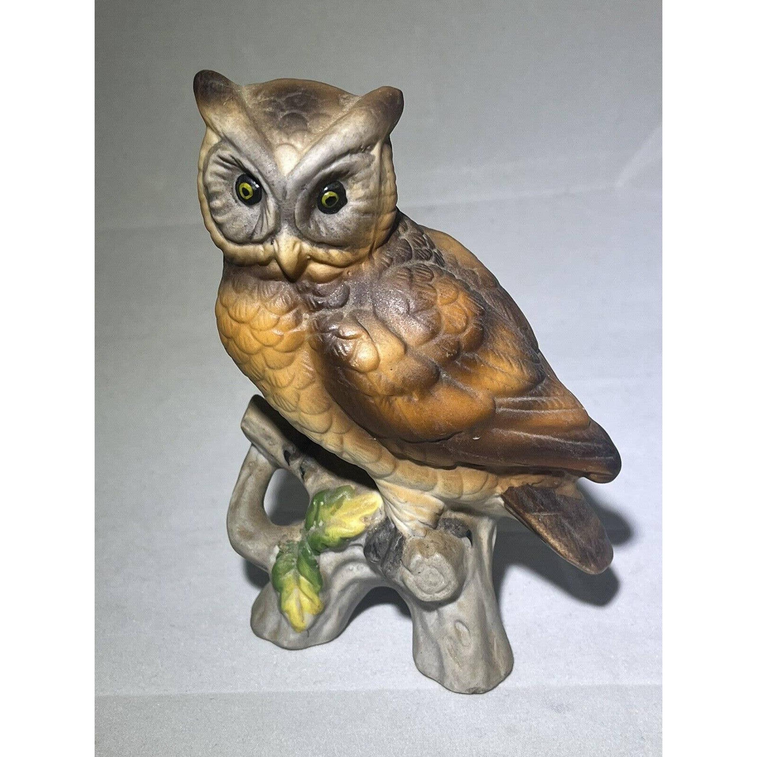 Vintage 70s Cottage core Ceramic Owl on Branch Figurine Vintage 4.75” x 3.25”