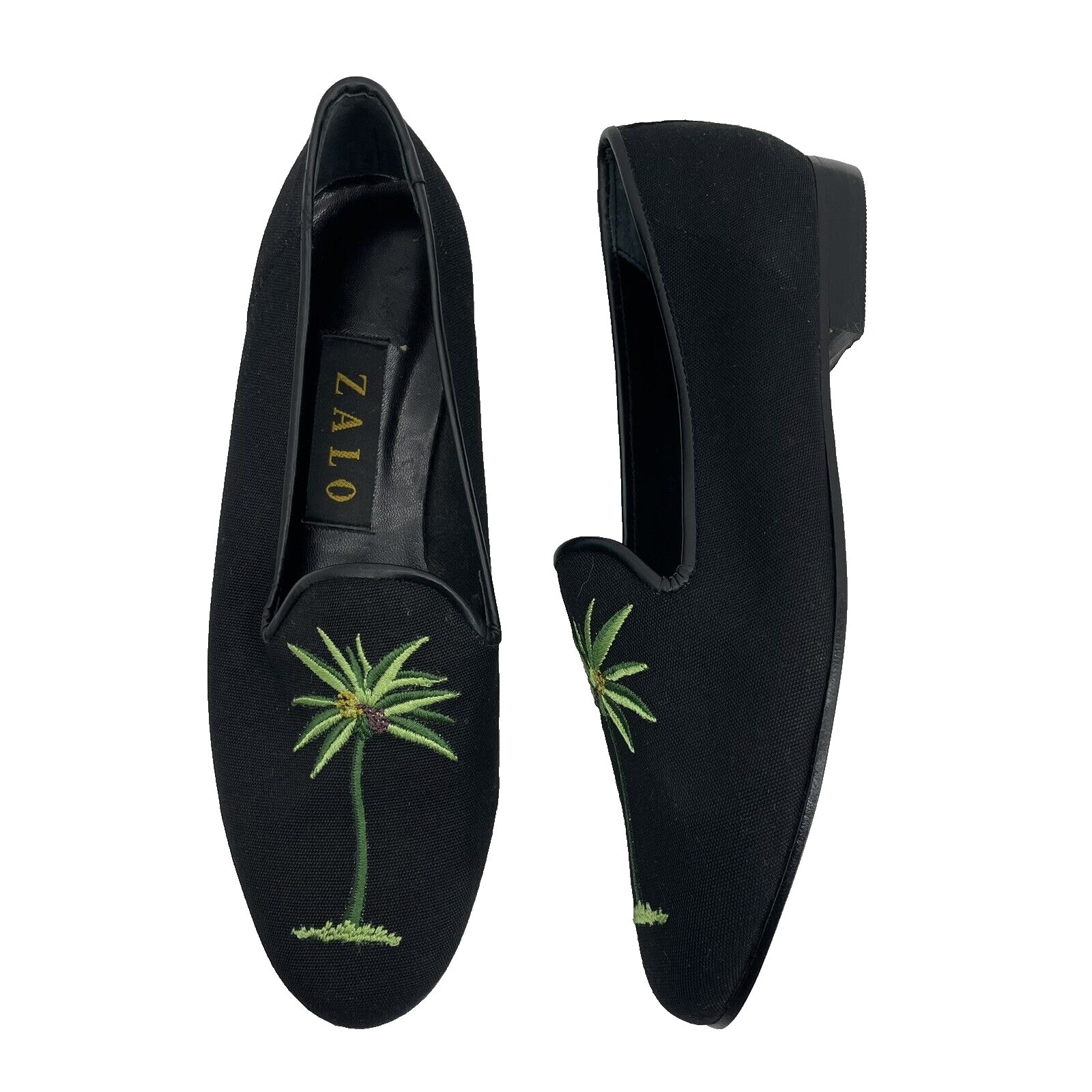 Zalo Size 6.5 Palm Tree Slip On Shoes Women's Flats Black Green Leather Sole
