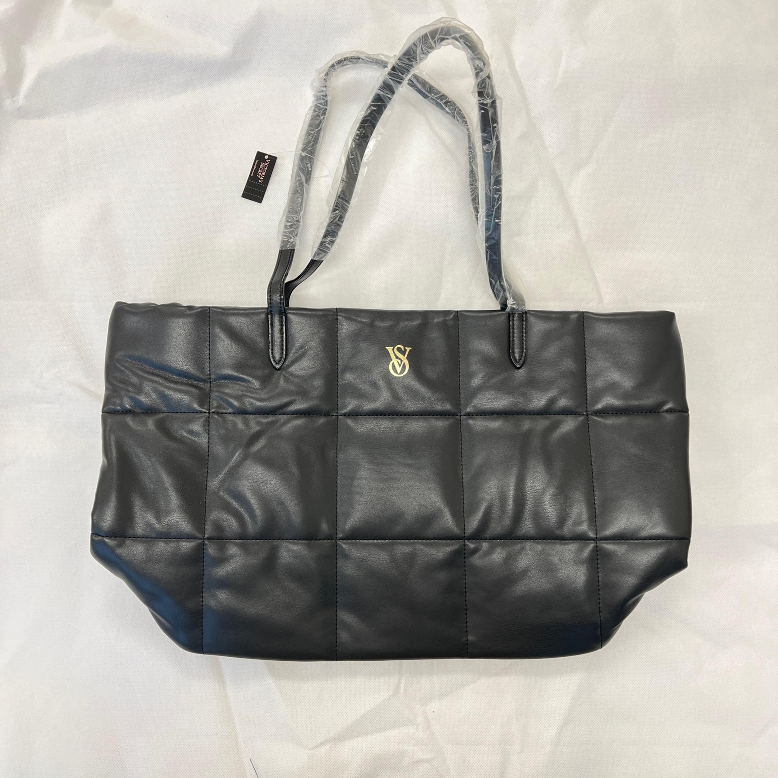 Victoria's Secret Quilted Tote Black Puffer Duffle Faux Leather Bag Weekender