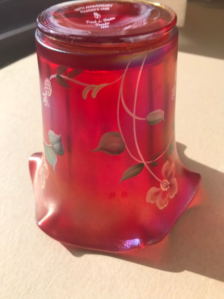Fenton Art sales glass 100th Anniversary Founder's Vase Red 2005 Hand