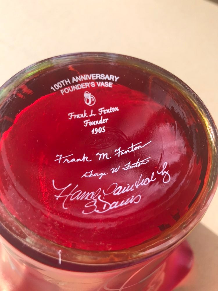 Fenton Art sales glass 100th Anniversary Founder's Vase Red 2005 Hand