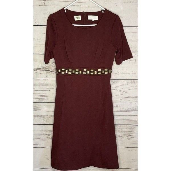 Badgley Mischka Womens Burgundy Short Sleeve Sheath Cocktail Midi Dress Size 2