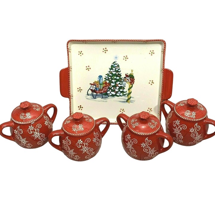 Temptations Soup Crocks Tray Red Snowflake Christmas Set Floral Stoneware READ