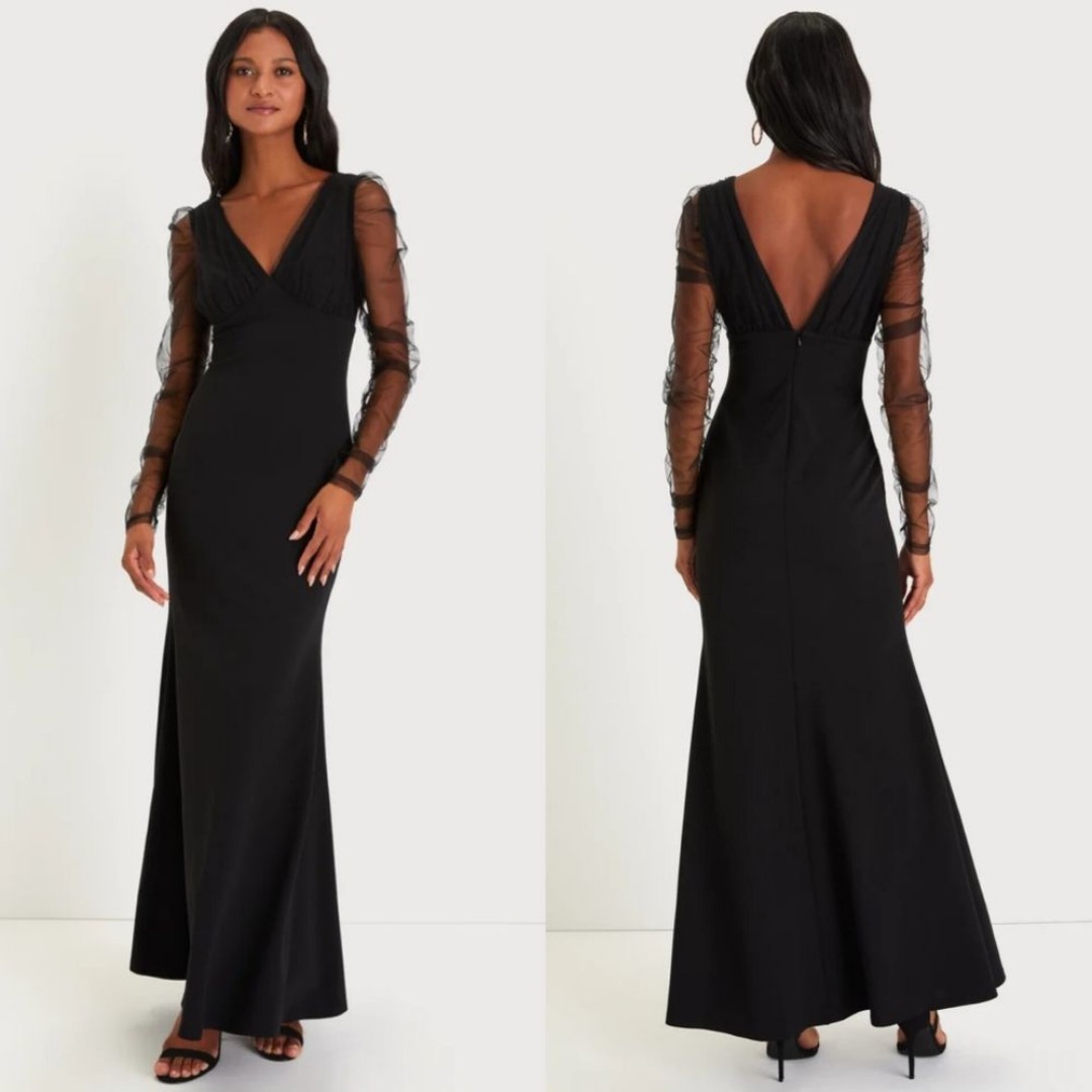 Lulu's Red Carpet Energy Black Tulle Long Sleeve Mermaid Maxi Dress S Wedding