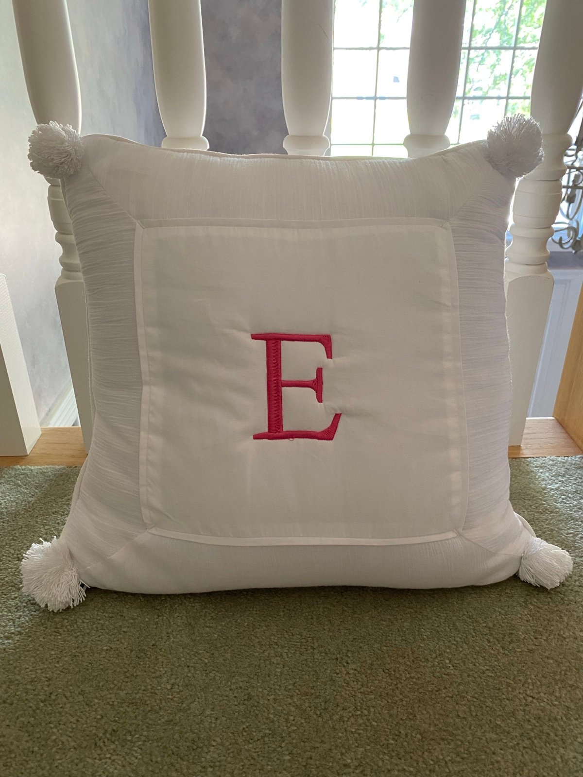 PB Teen Crinkle Puff Throw Pillow with Tassels Pink “E” Monogram 16”x16”