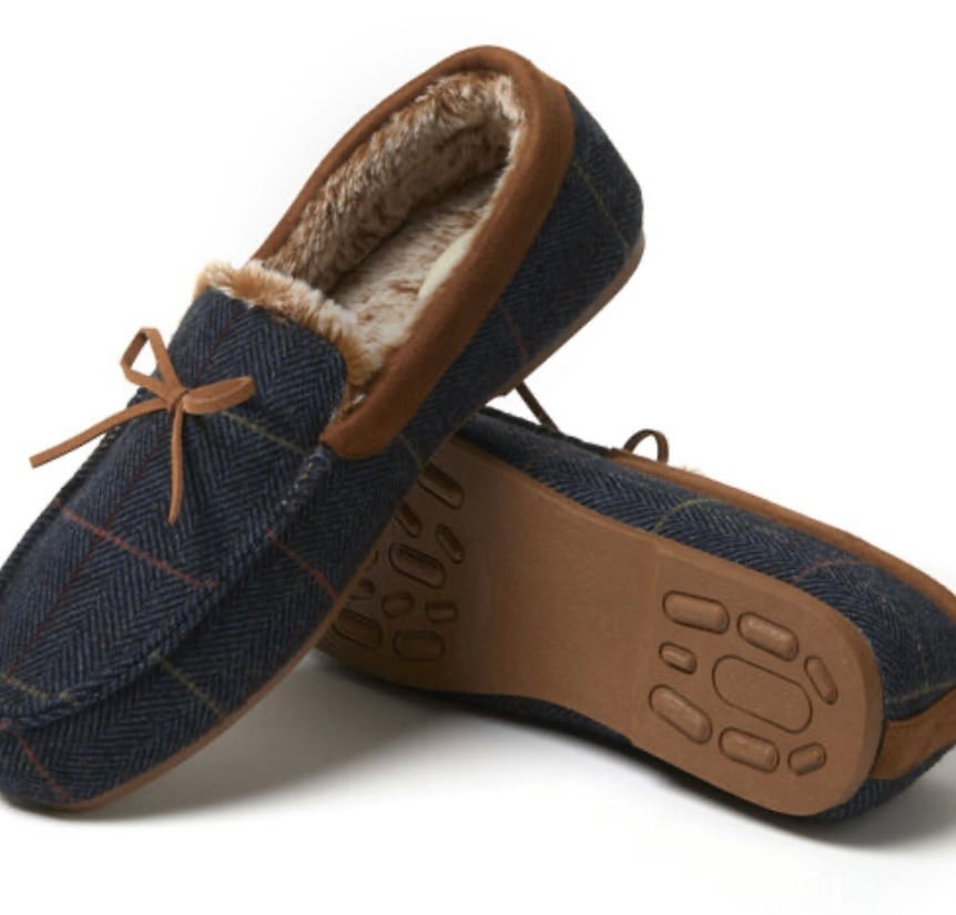 Dearfoams Atlas Men's Indoor Outdoor Plaid Moccasin Slipper M 9-10 New Navy