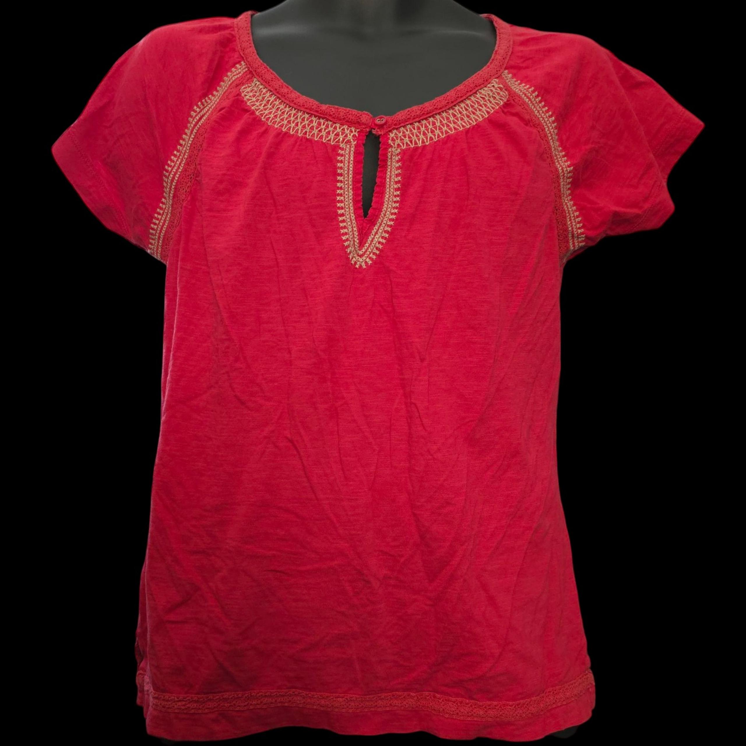 Eddie Bauer Short Sleeve Lace BoHo Shirt-Womens MEDIUM-Brick Red-tunic,casual