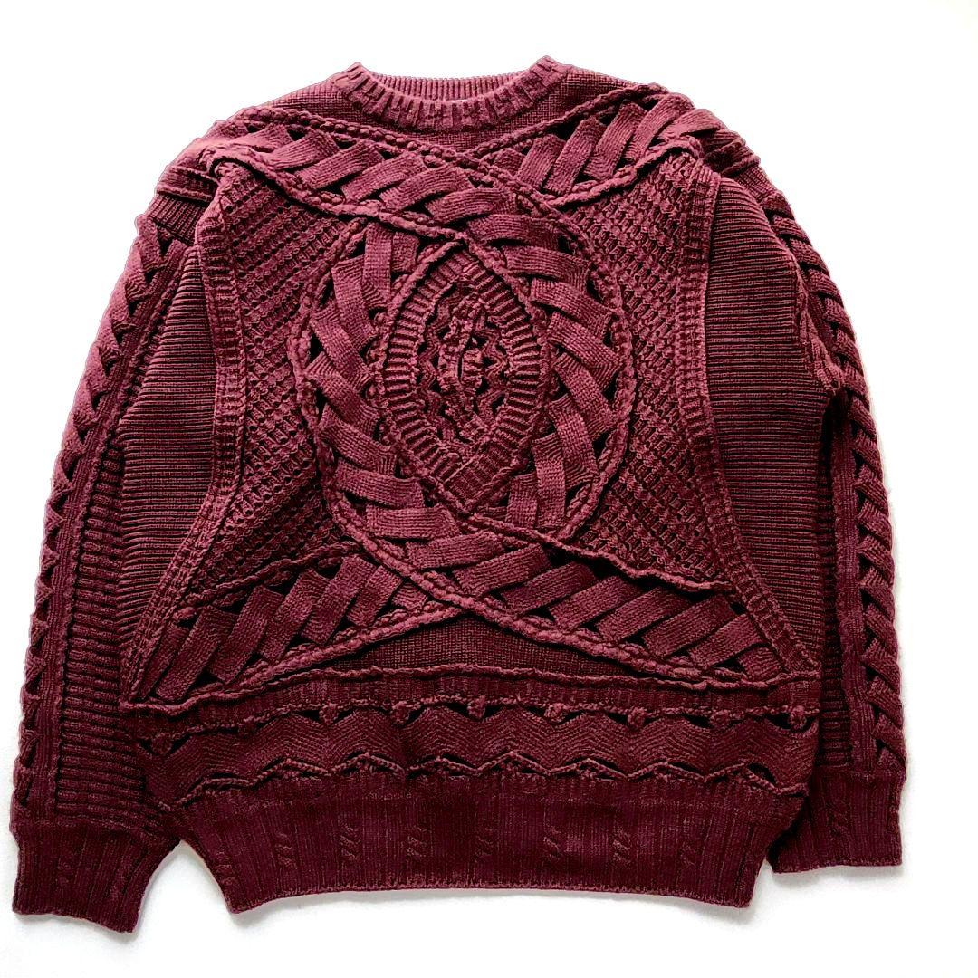 Rare! Ficce Long-Sleeved Sweater with Unique Knit Pattern, Wool, Burgundy, Retro